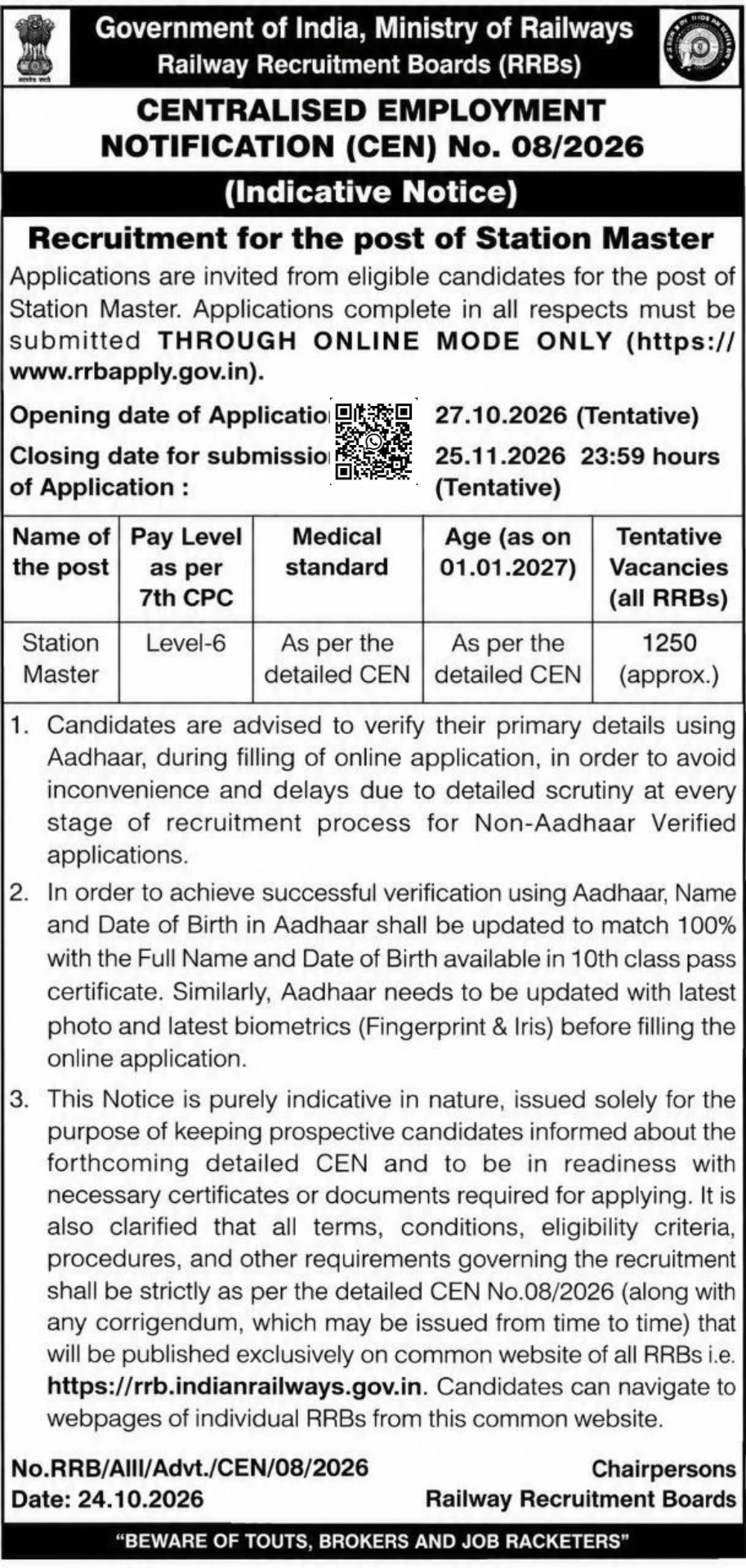 RRB Station Master Short Notice 2026
